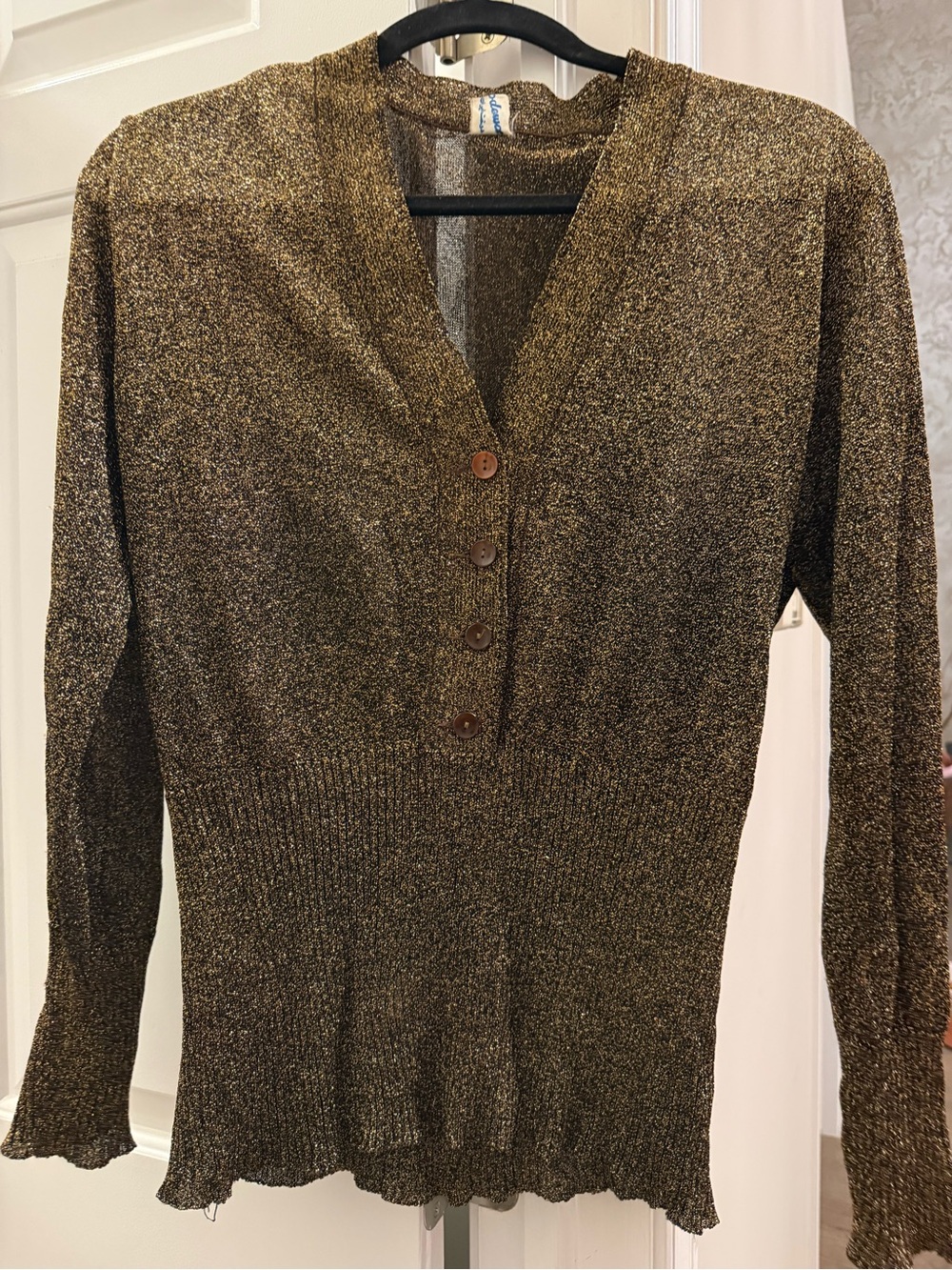 Madewell Metallic Gold V-Neck Button Ribbed Long Sleeve Top
